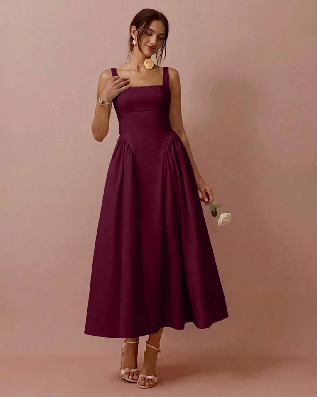 Square Neck Pleated Sleeveless V Waist Dress in Burgundy