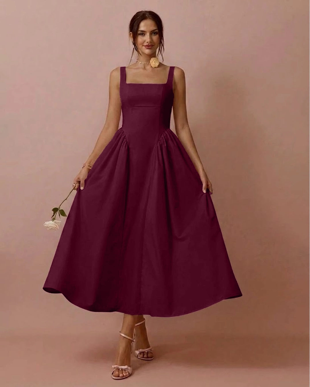 Square Neck Pleated Sleeveless V Waist Dress in Burgundy
