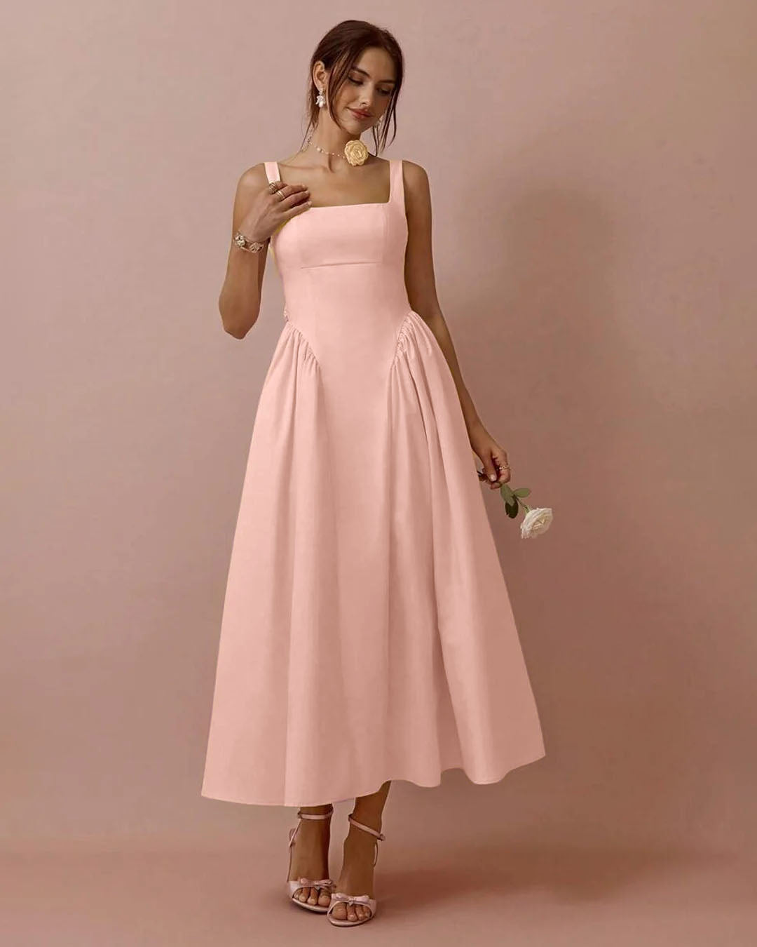 Square Neck Pleated Sleeveless V Waist Dress in Powder Pink