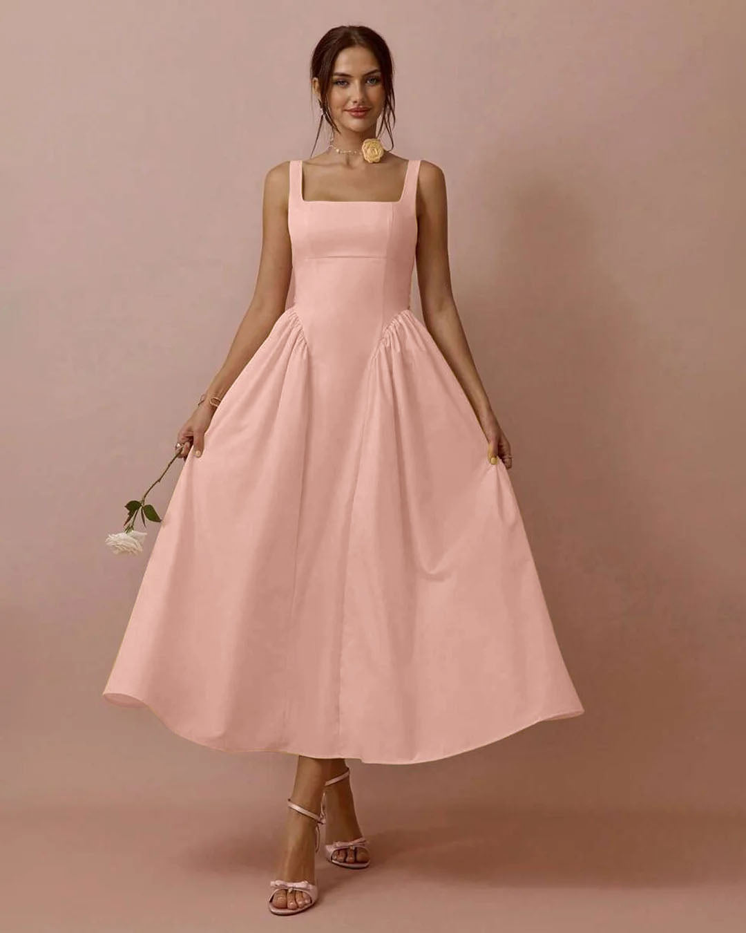 Square Neck Pleated Sleeveless V Waist Dress in Powder Pink
