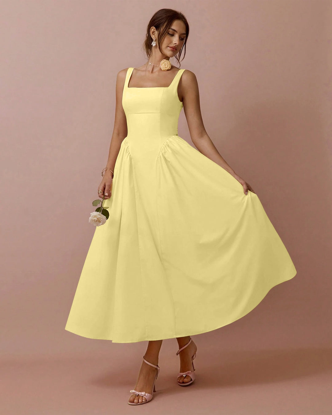 Square Neck Pleated Sleeveless V Waist Dress in Vanilla