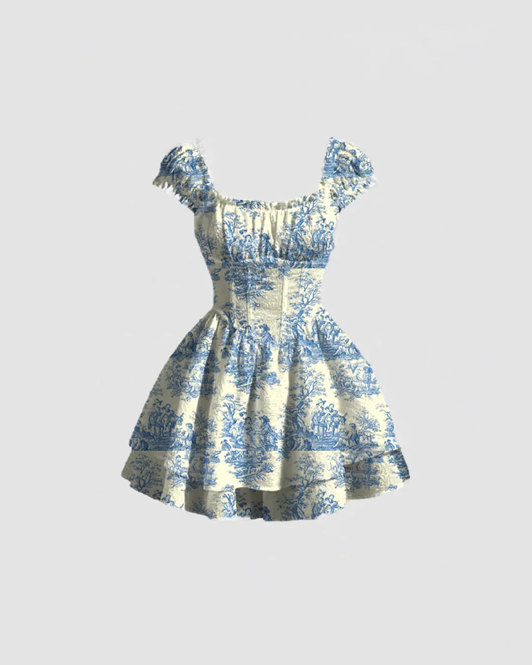 Square Neck Printed Waist-Cinching Mini Dress