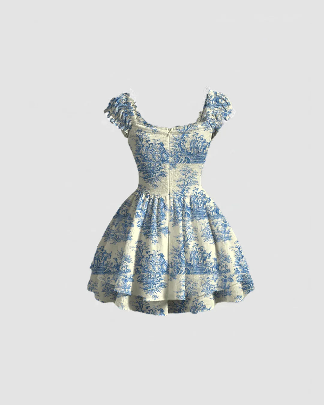 Square Neck Printed Waist-Cinching Mini Dress