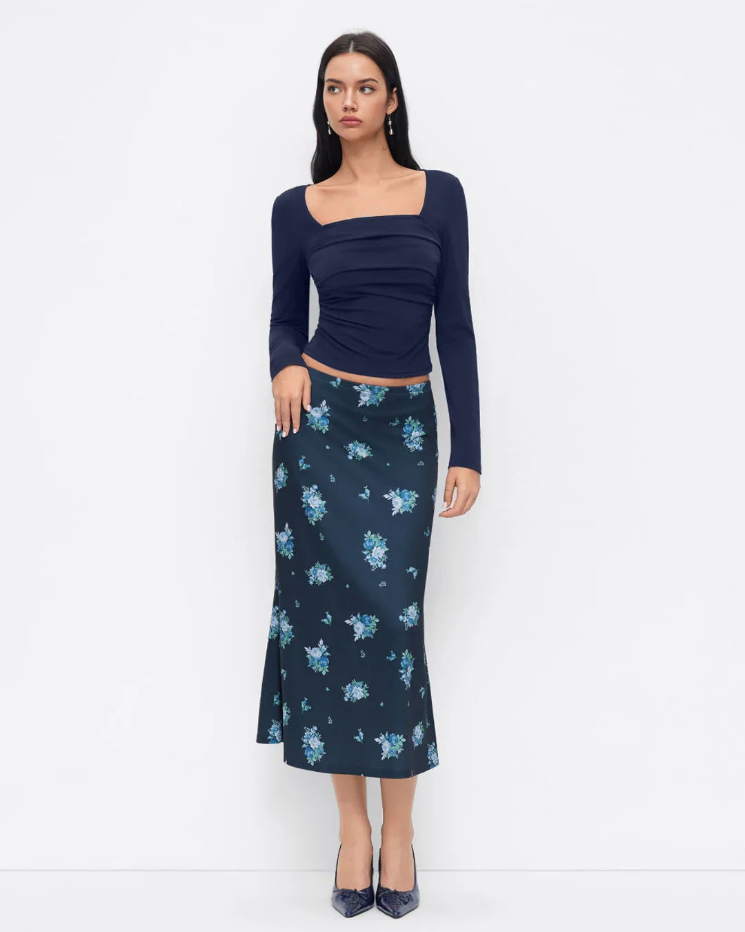 Square Neck Ruched Top & Floral Mermaid Maxi Skirt Set in Navy Blue