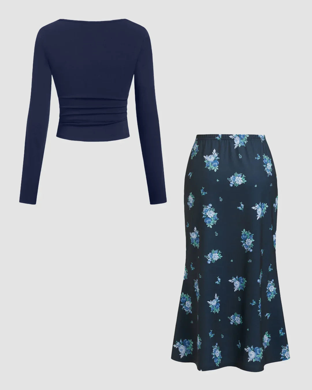 Square Neck Ruched Top & Floral Mermaid Maxi Skirt Set in Navy Blue