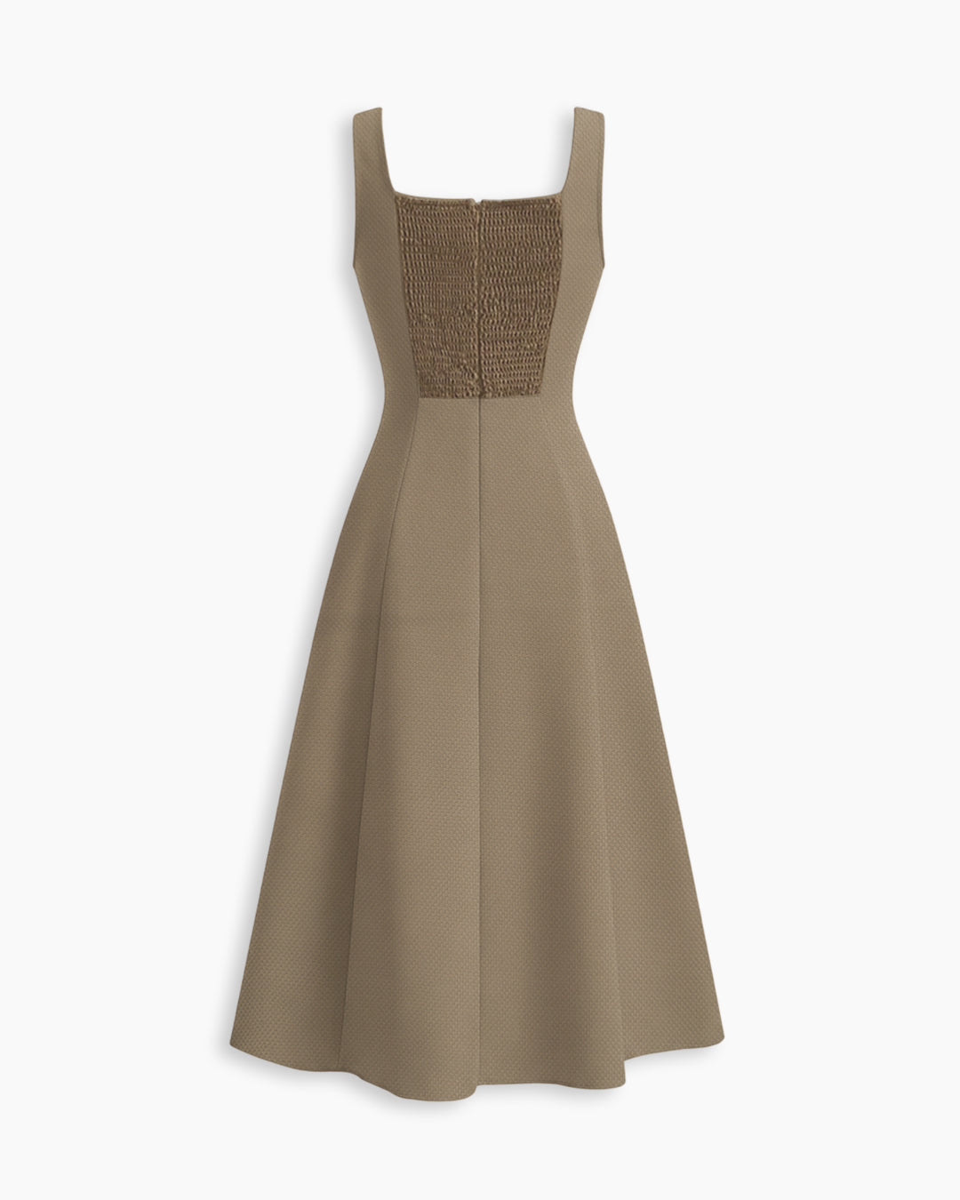 Square Neck Shirred Sleeveless Flared Dress in Mocha Brown