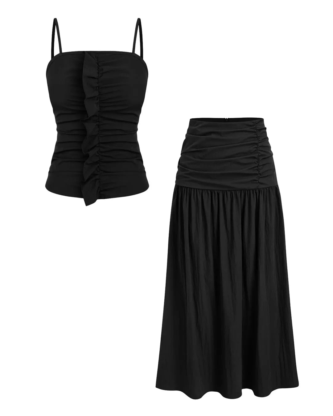 Square Neck Solid Lettuce Trim Cami Top & Mid Rise Solid Ruched Maxi Skirt In Chocolate Black