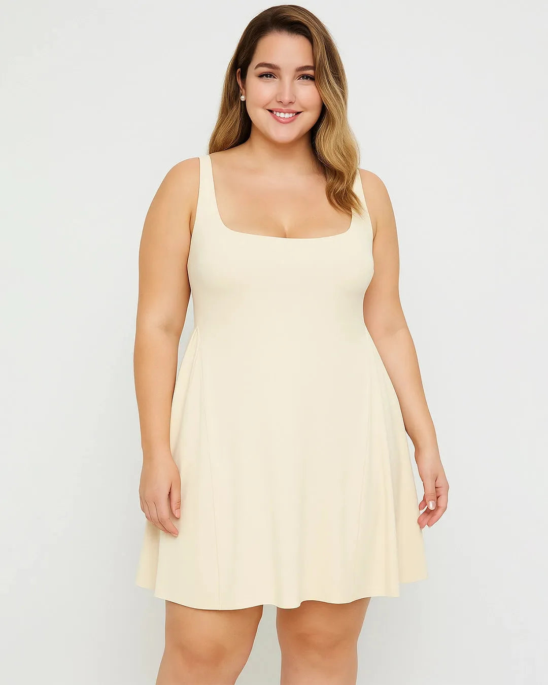Square Neck Solid Pleated Cami Off-White Mini Dress Curve & Plus