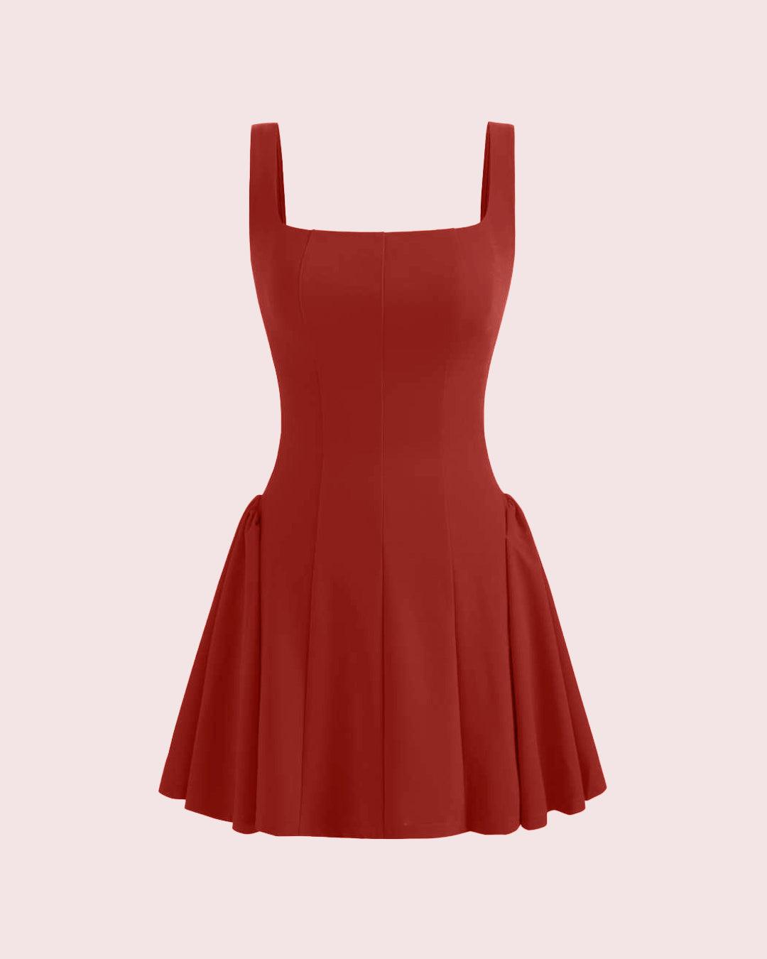 Square Neck Solid Pleated Mini Dress