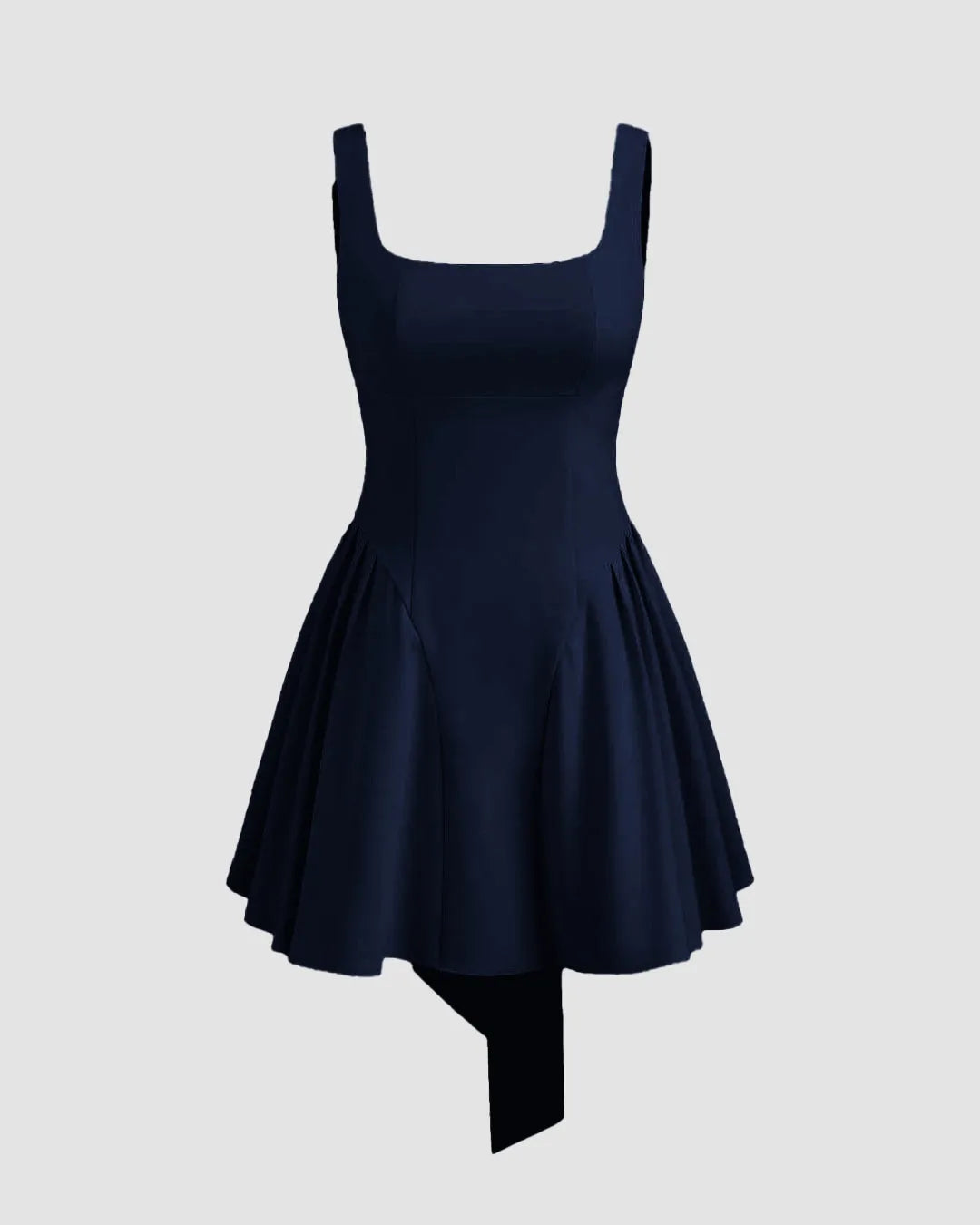 Square Neck Solid Ruffle Pleated Knotted Mini Dress In Navy Blue