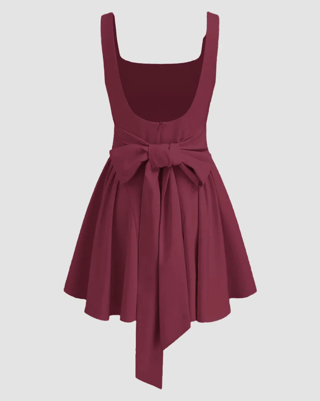 Square Neck Solid Ruffle Pleated Knotted Mini Dress in Maroon