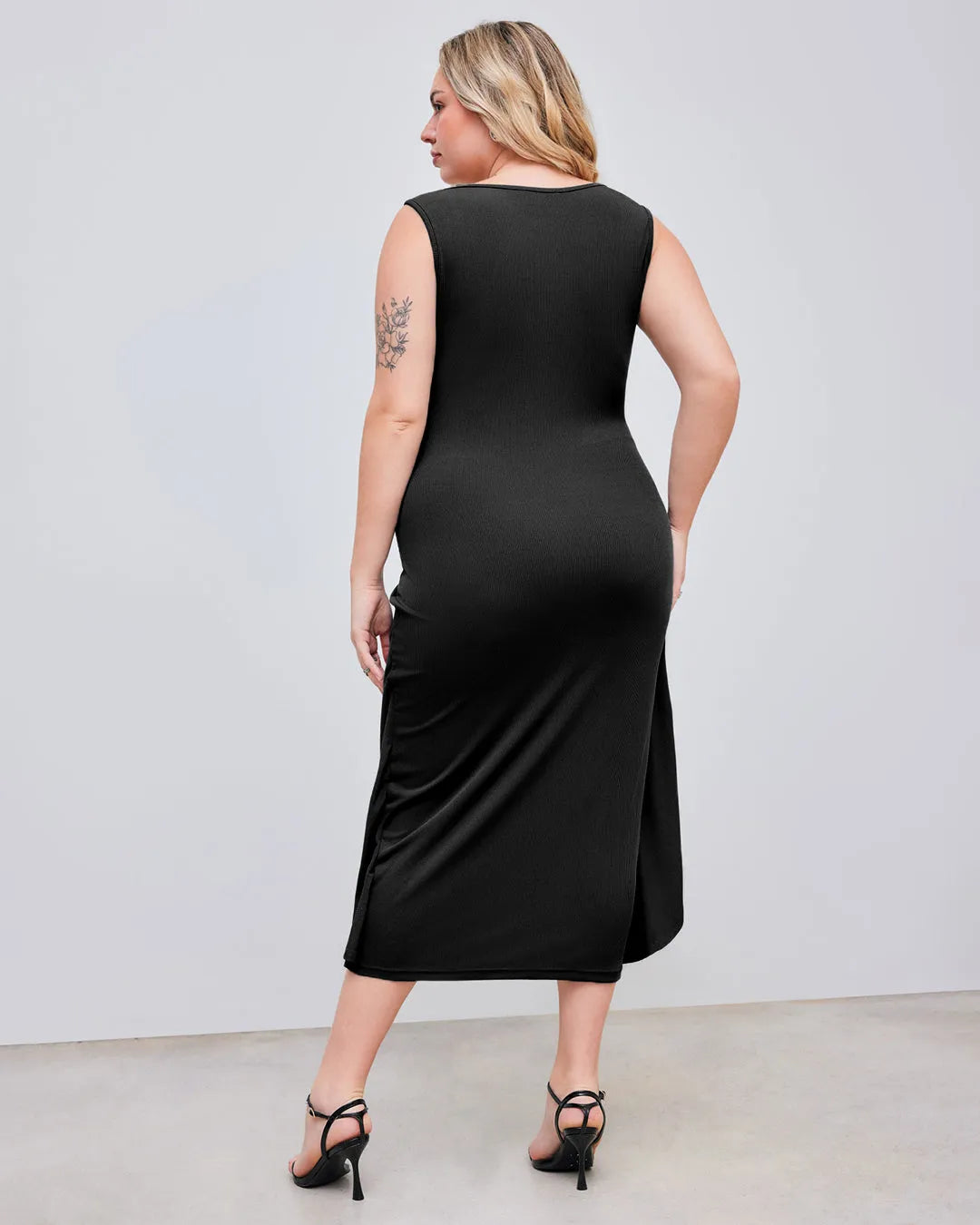 Square Neck Solid Twist Knotted Black Maxi Dress Curve & Plus