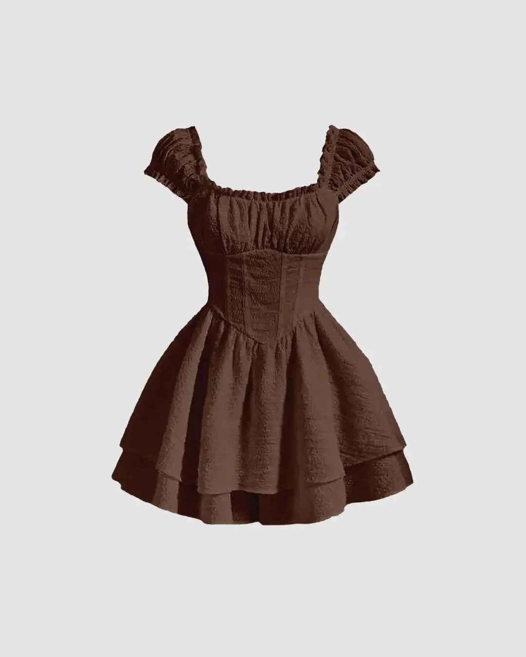 Brown Short Dress with Puff Sleeves in Chocolate Brown