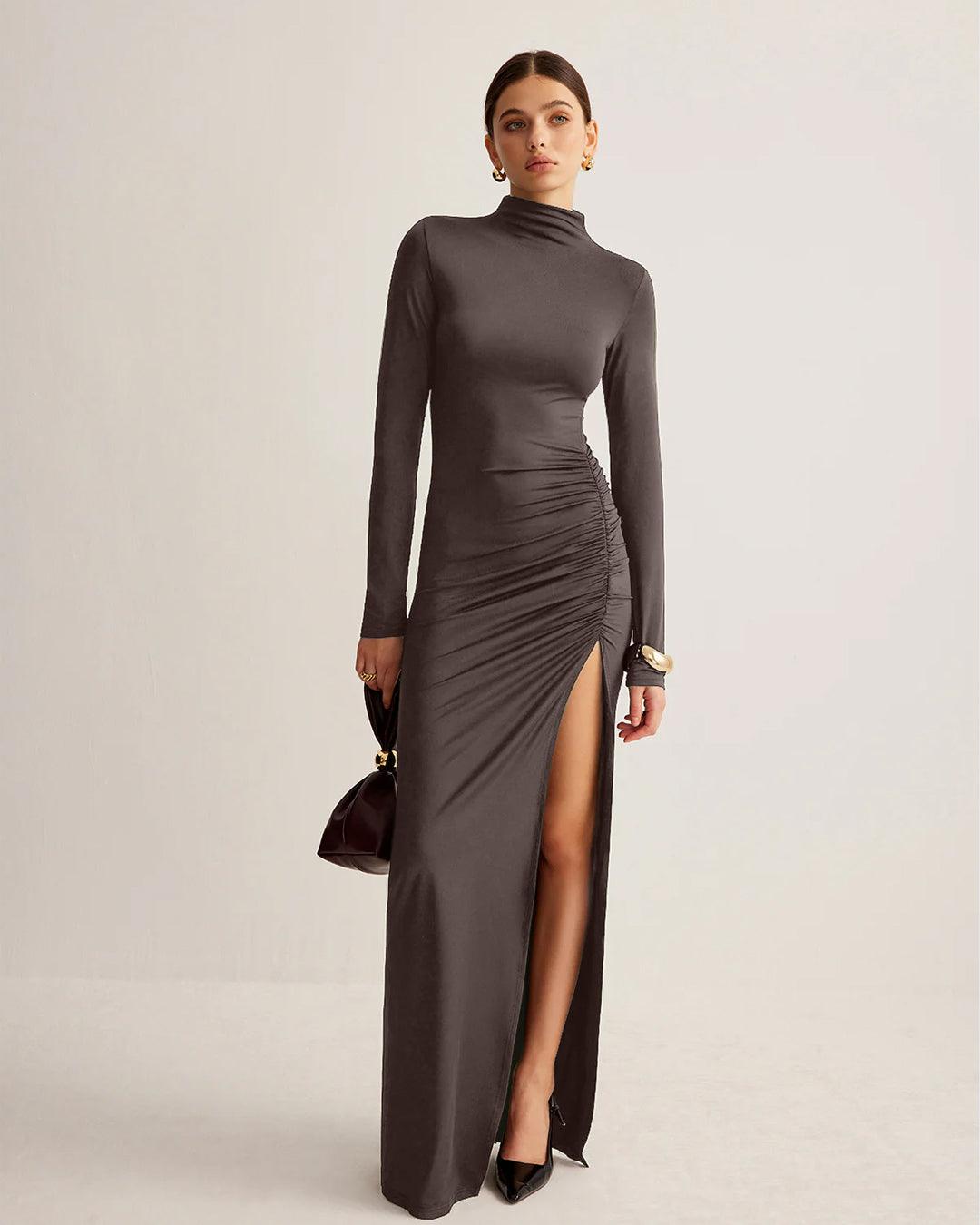 Stand-Collar Pleated Slit Coco Brown Dress