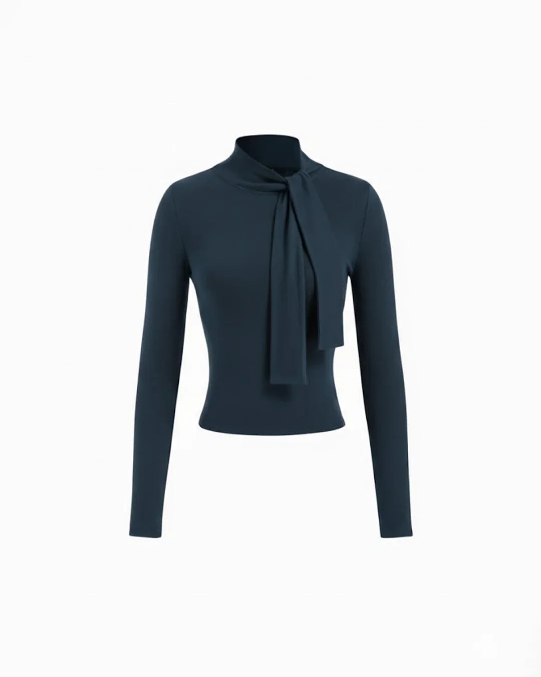 Stand Collar Knotted Long Sleeve Top in Navy Blue