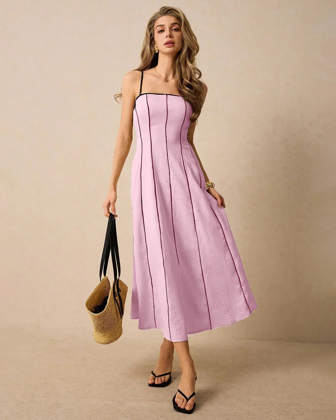 Strapless A-Line Pleated Midi Dress For Women In Dark Pink