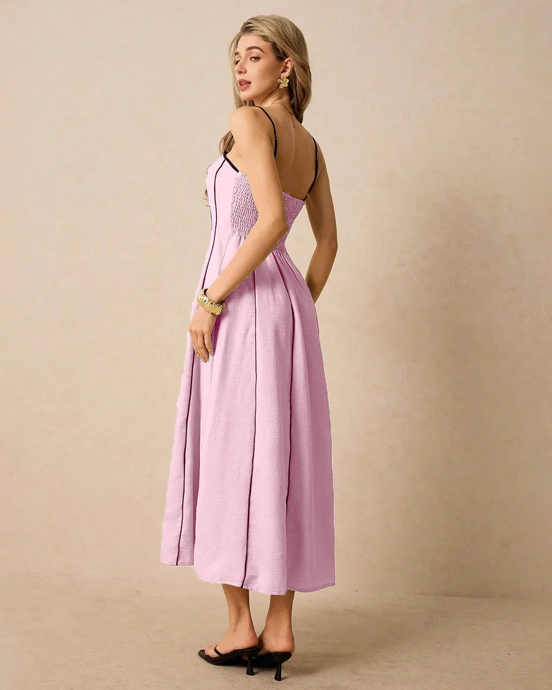 Strapless A-Line Pleated Midi Dress For Women In Dark Pink