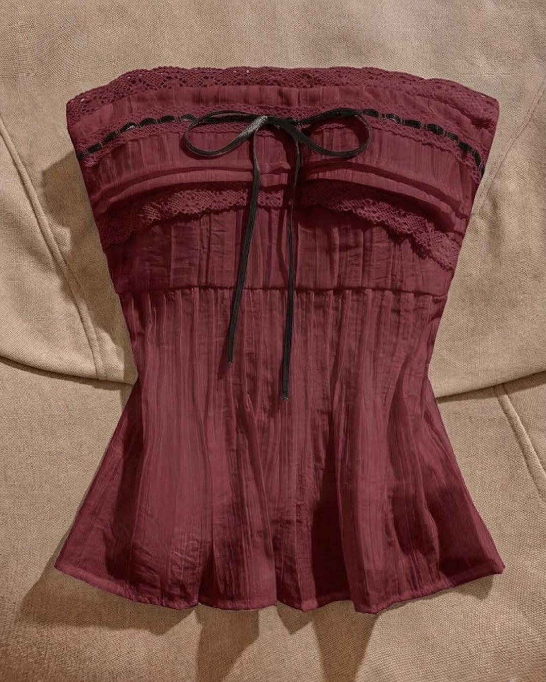 Strapless Lace Ribbon Bow Top in Maroon