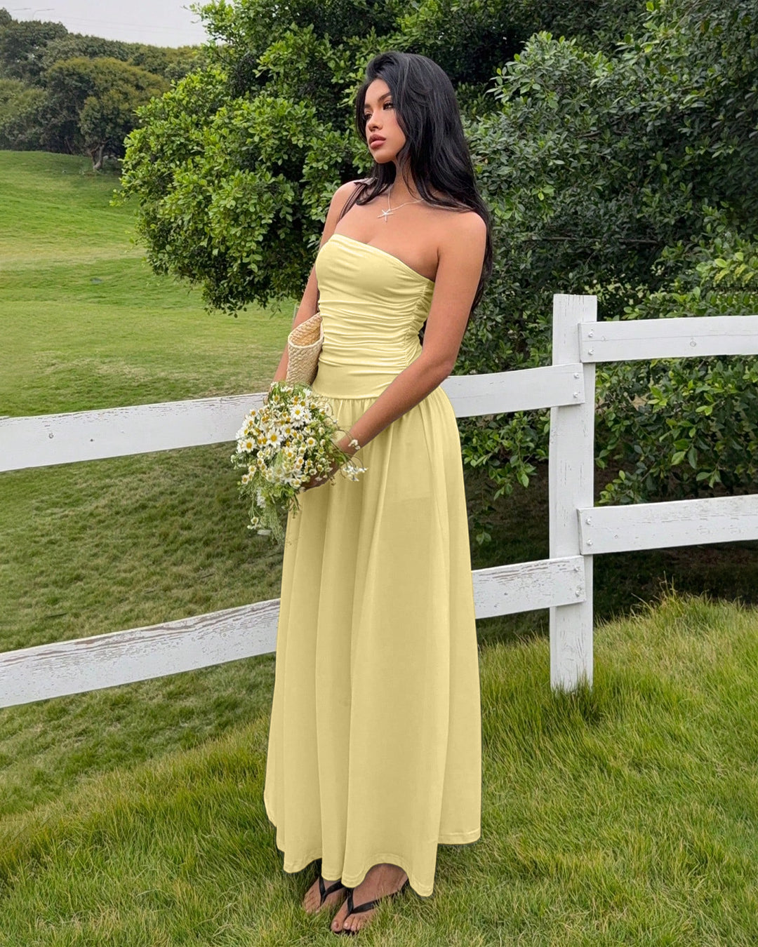 Strapless Ruched Maxi Dress in Vanilla