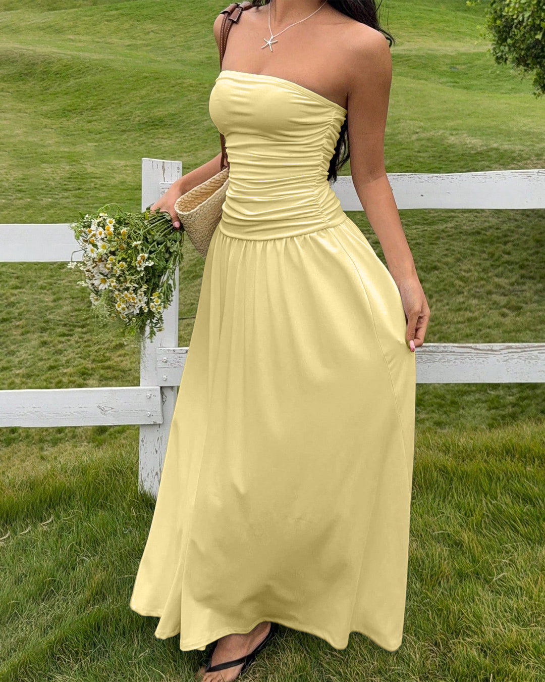 Strapless Ruched Maxi Dress in Vanilla