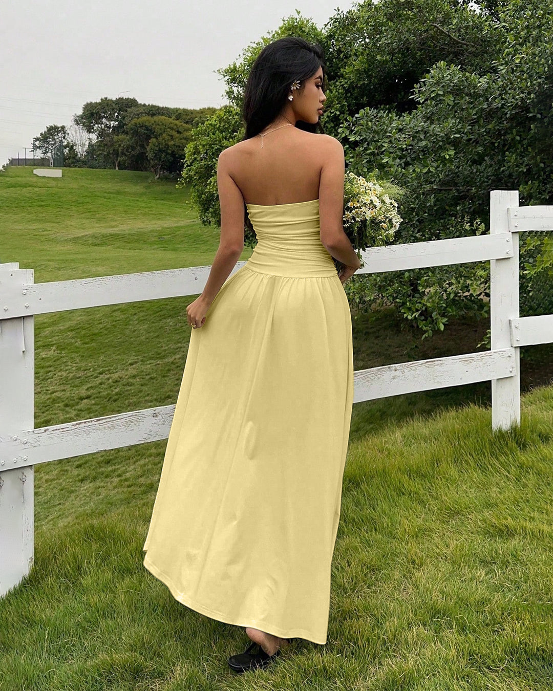 Strapless Ruched Maxi Dress in Vanilla