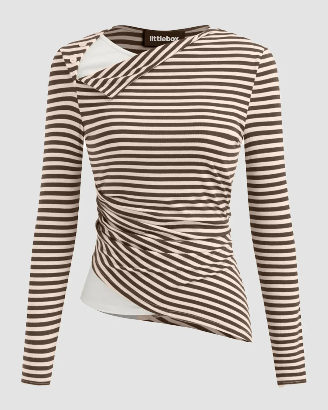 Stripe Asymmetrical Neckline Long Sleeve Ruched Top