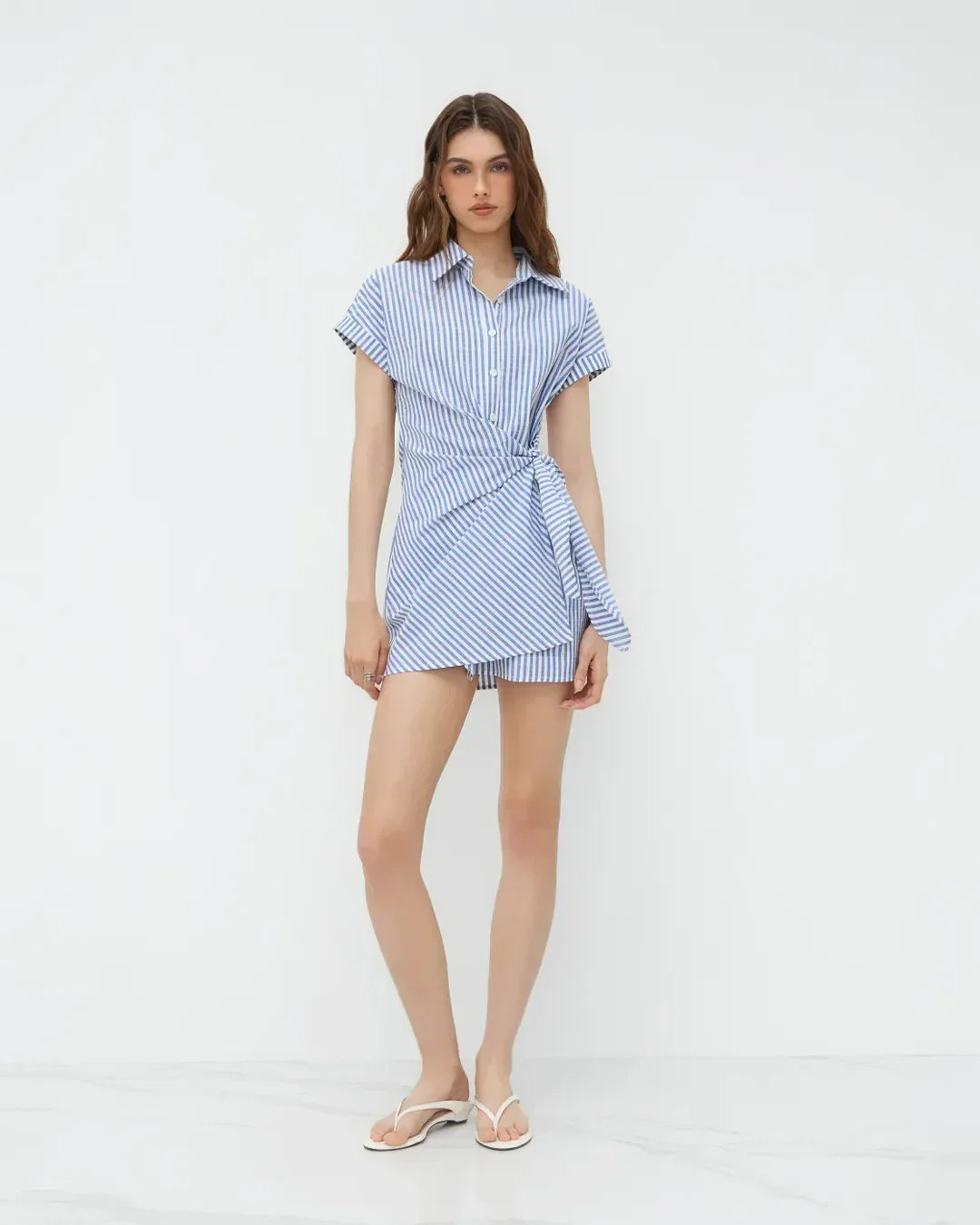 Stripe Blue Wrap Shirt Mini Dress