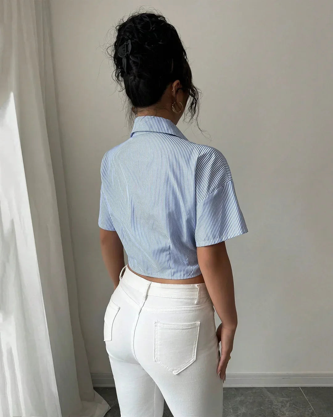 Striped Collared Ruched Crop Shirt