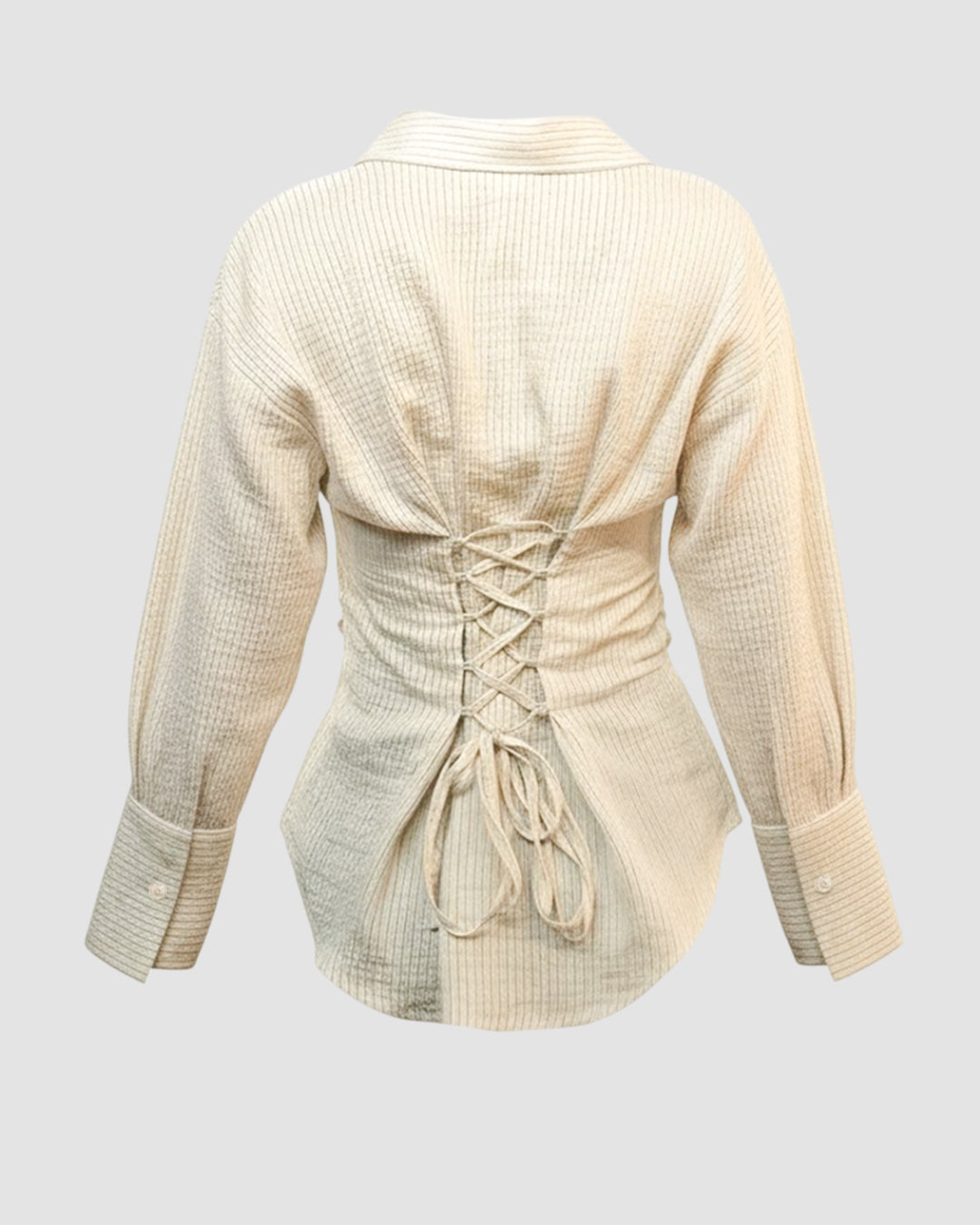 Striped Long Sleeve Tie-Waist Cinched Shirt in Beige