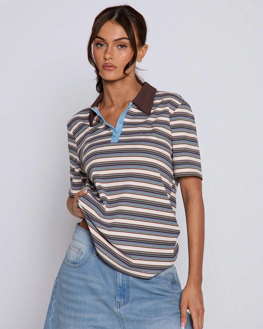 Striped Polo Collar T-Shirt with Contrast Detailing