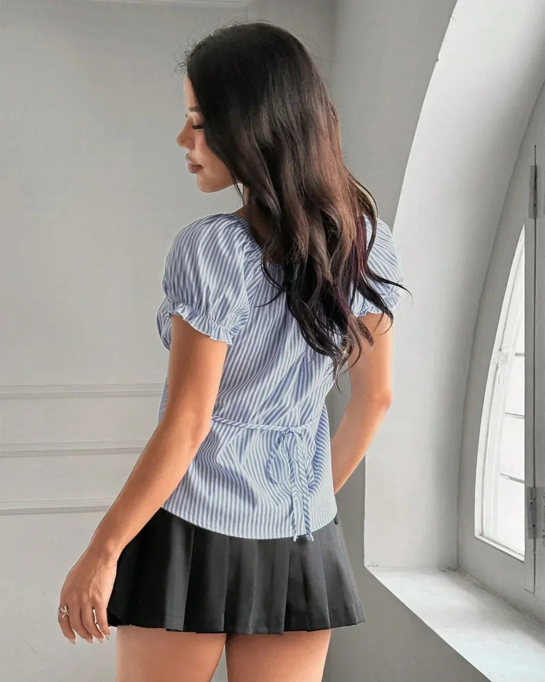 Striped Ruched Bust Button Down Shirt
