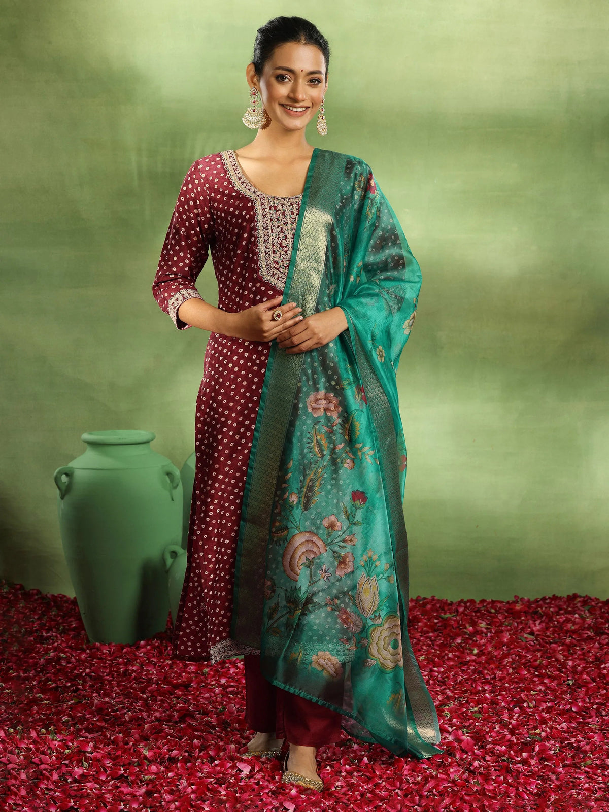 Anouk Maroon Printed Silk Blend Straight Suit With Dupatta