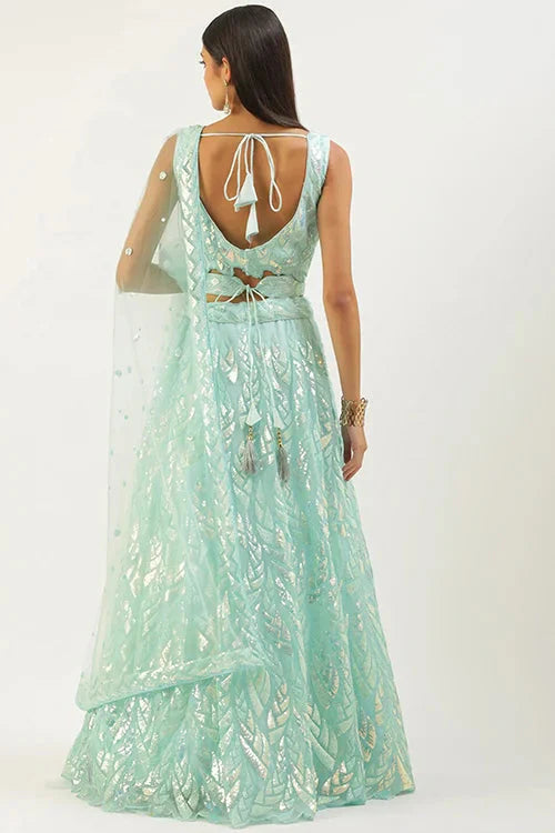 Bollywood Style Blue Lehenga Choli with Thread Embroidery