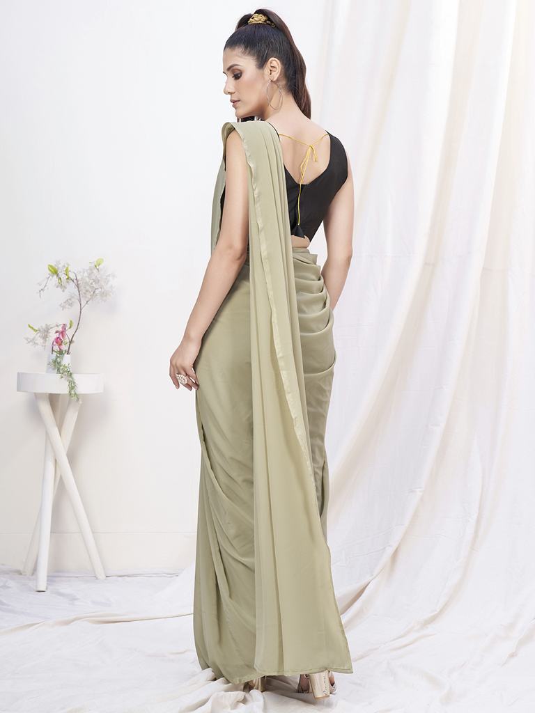 Stylish Beige Pre-Stitched Blended Silk Saree