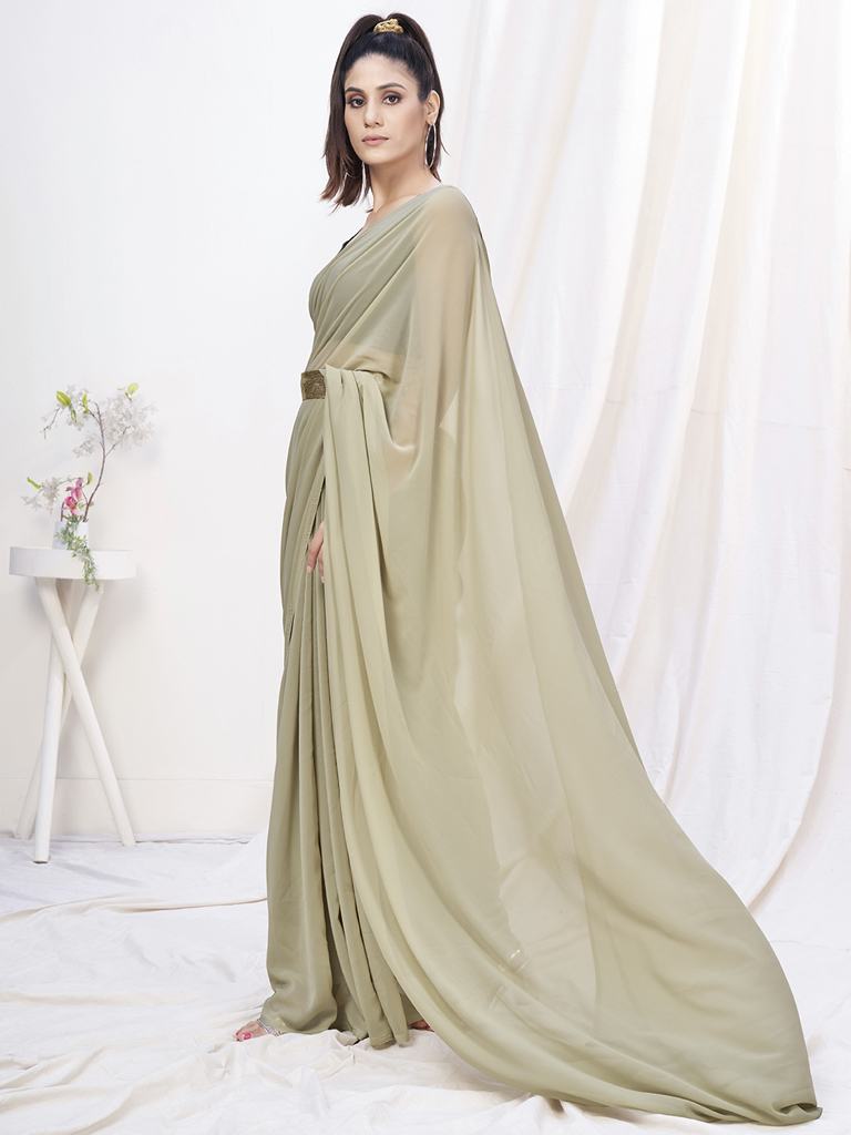 Stylish Beige Pre-Stitched Blended Silk Saree