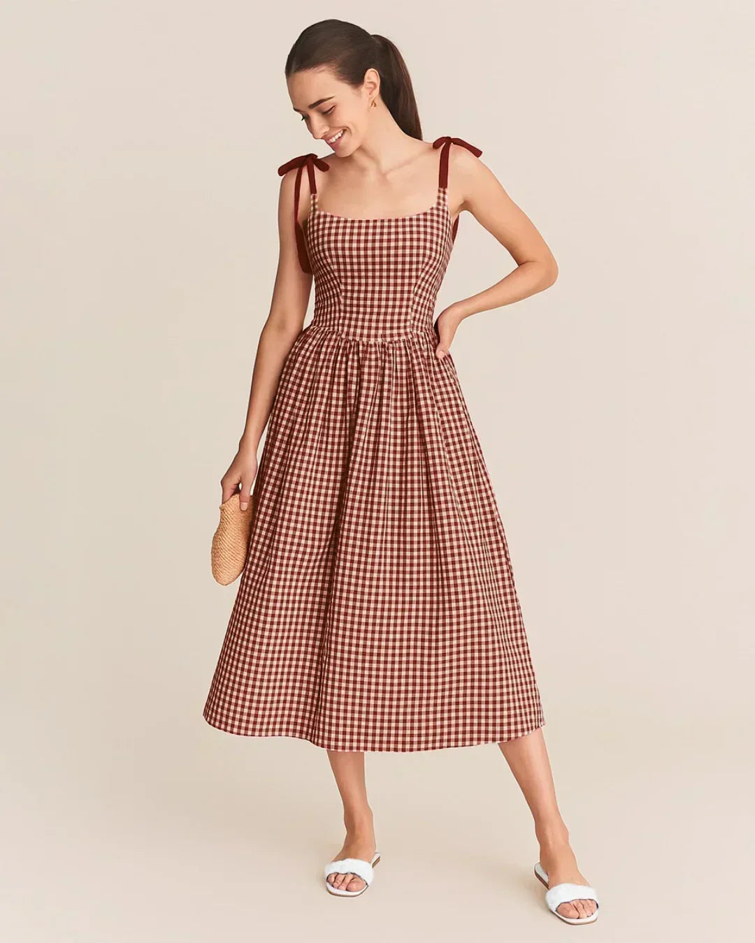 Summer Elegant Grid Shoulder Tie Red Cami Dress