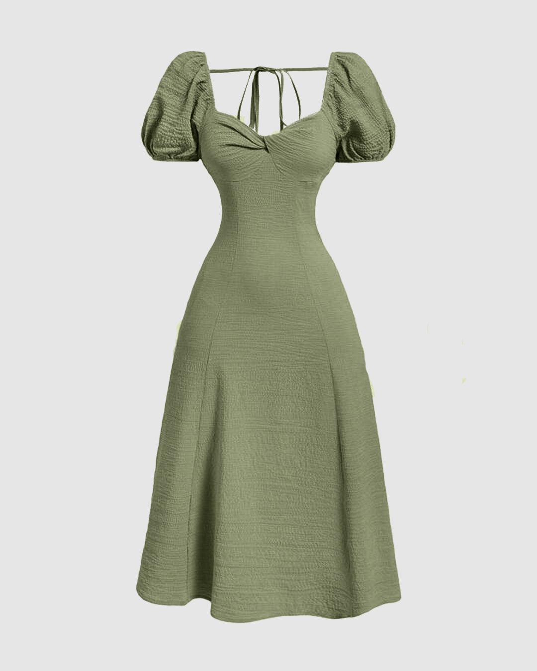 Summer Elegant Solid Color Puff Sleeve Cinch Waist Dress