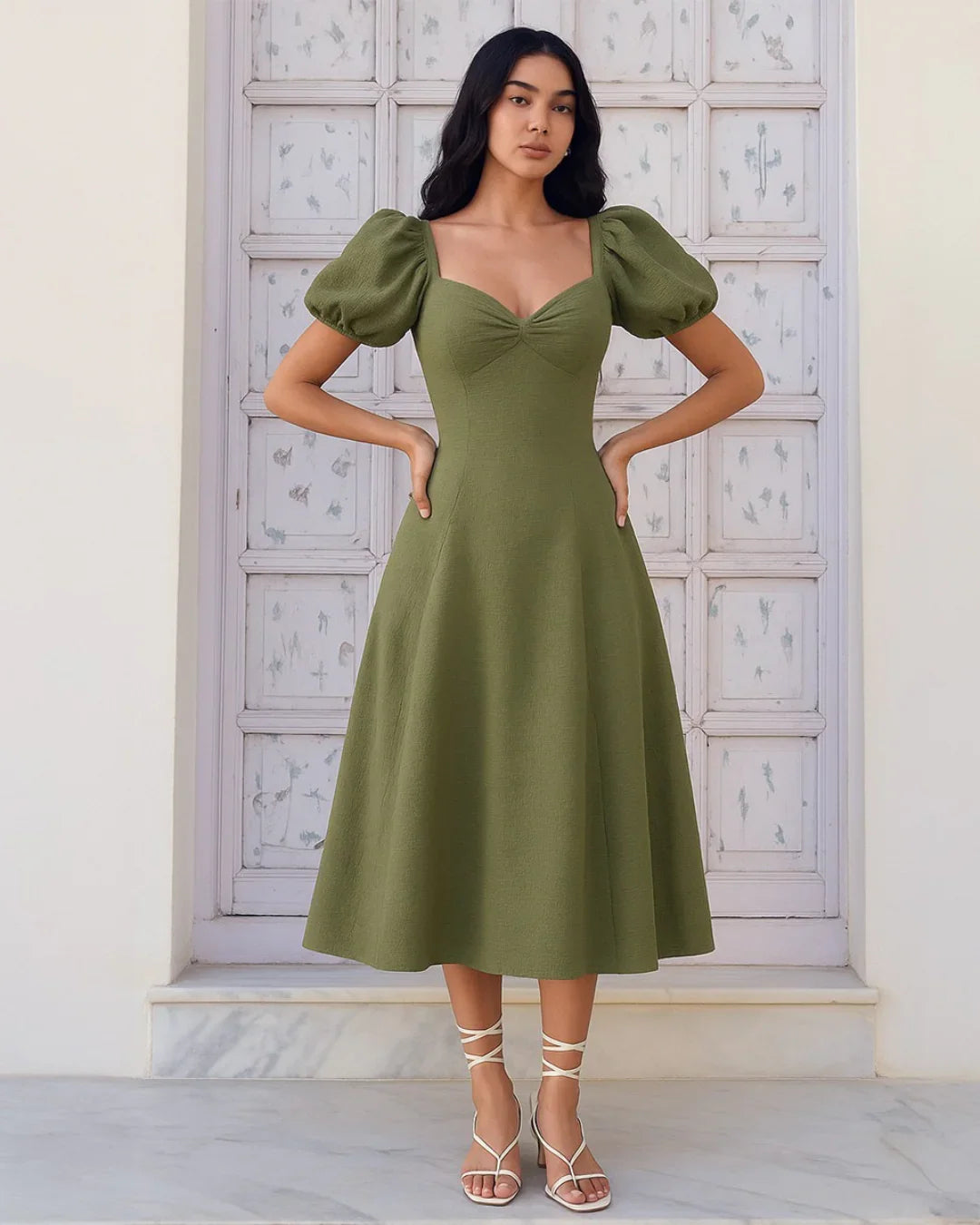 Summer Elegant Solid Color Puff Sleeve Cinch Waist Dress