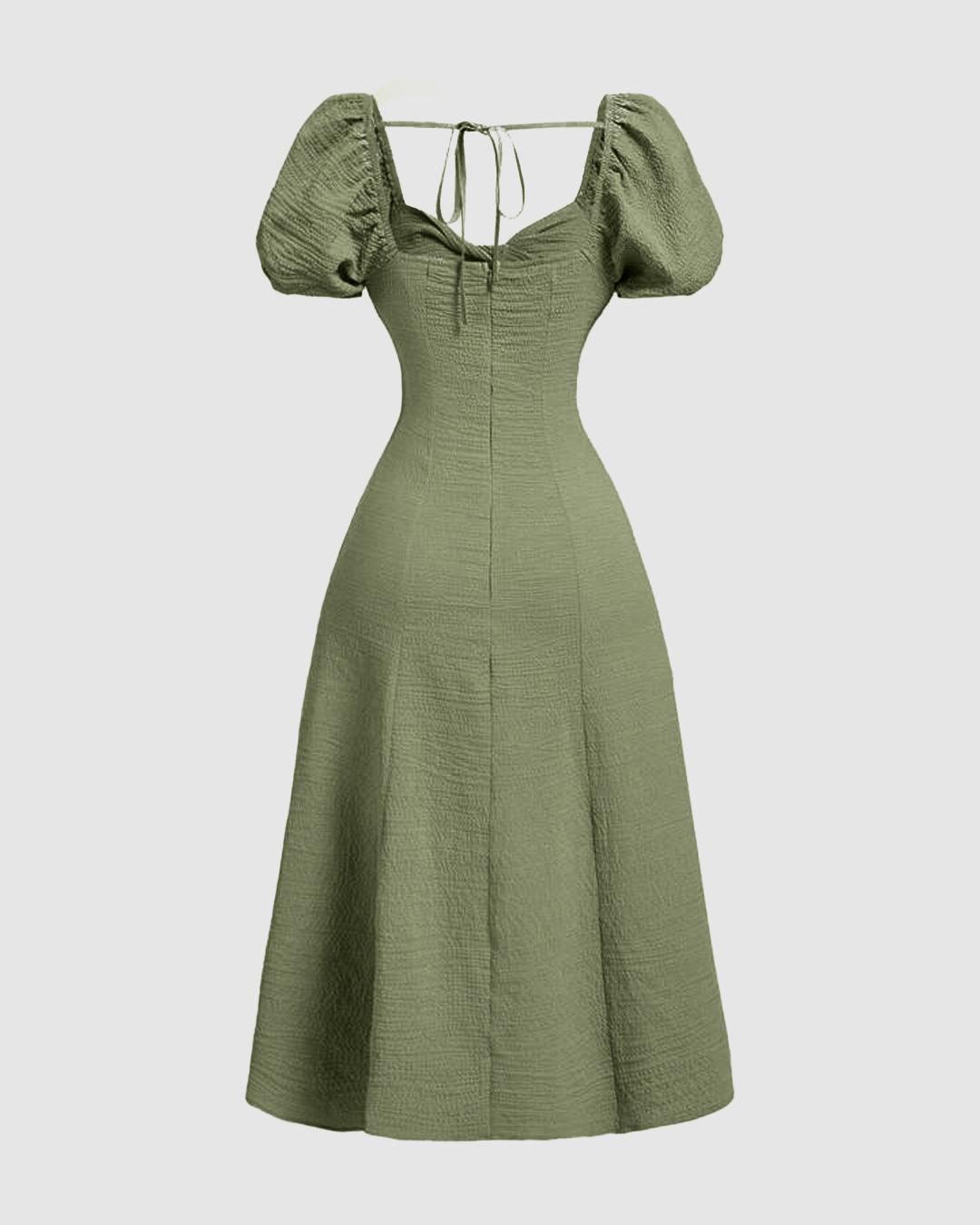 Summer Elegant Solid Color Puff Sleeve Cinch Waist Dress