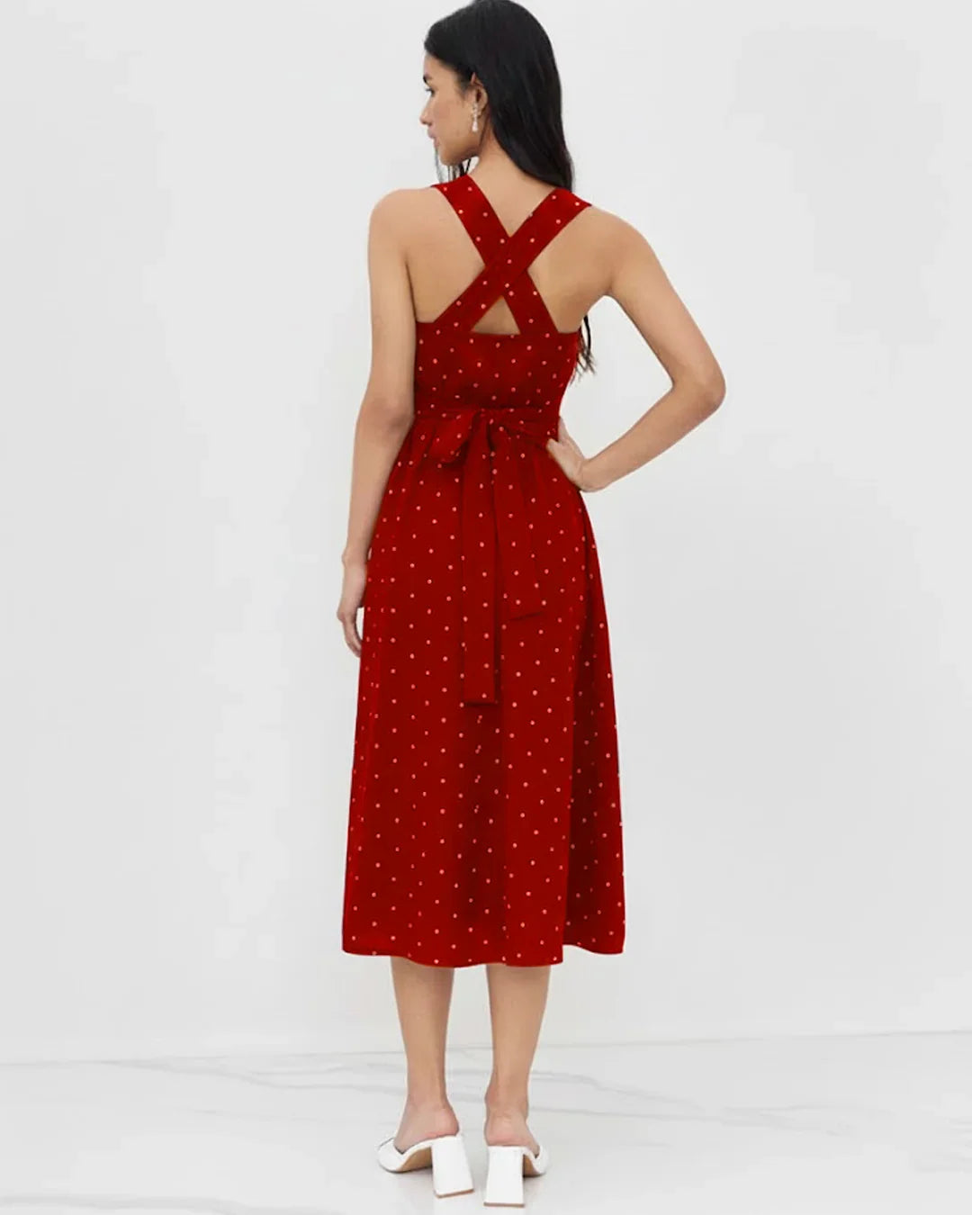 Sweetheart Fit & Flare A-Line Hem Polka Dot Sleeveless Midi Dress in Red
