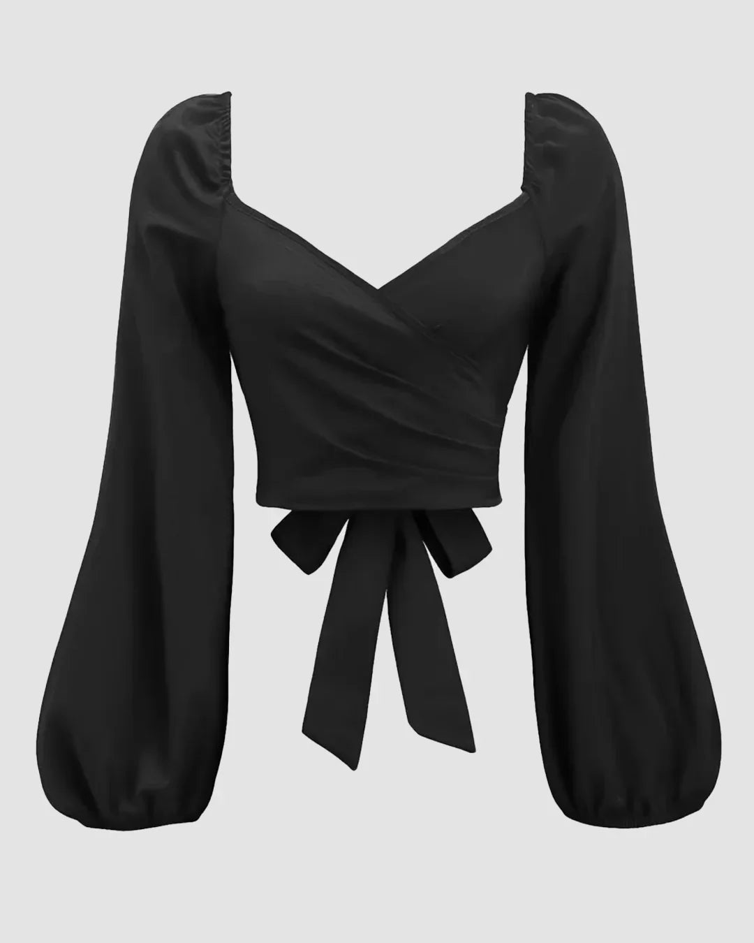 Sweetheart Neck Balloon Sleeve Back Tie Crop Top in Black