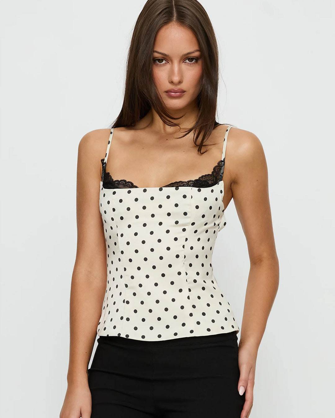Sweetheart Neck Fitted Straight Hem Polka Dot  Lace Detail Sleeveless Top in Classic White