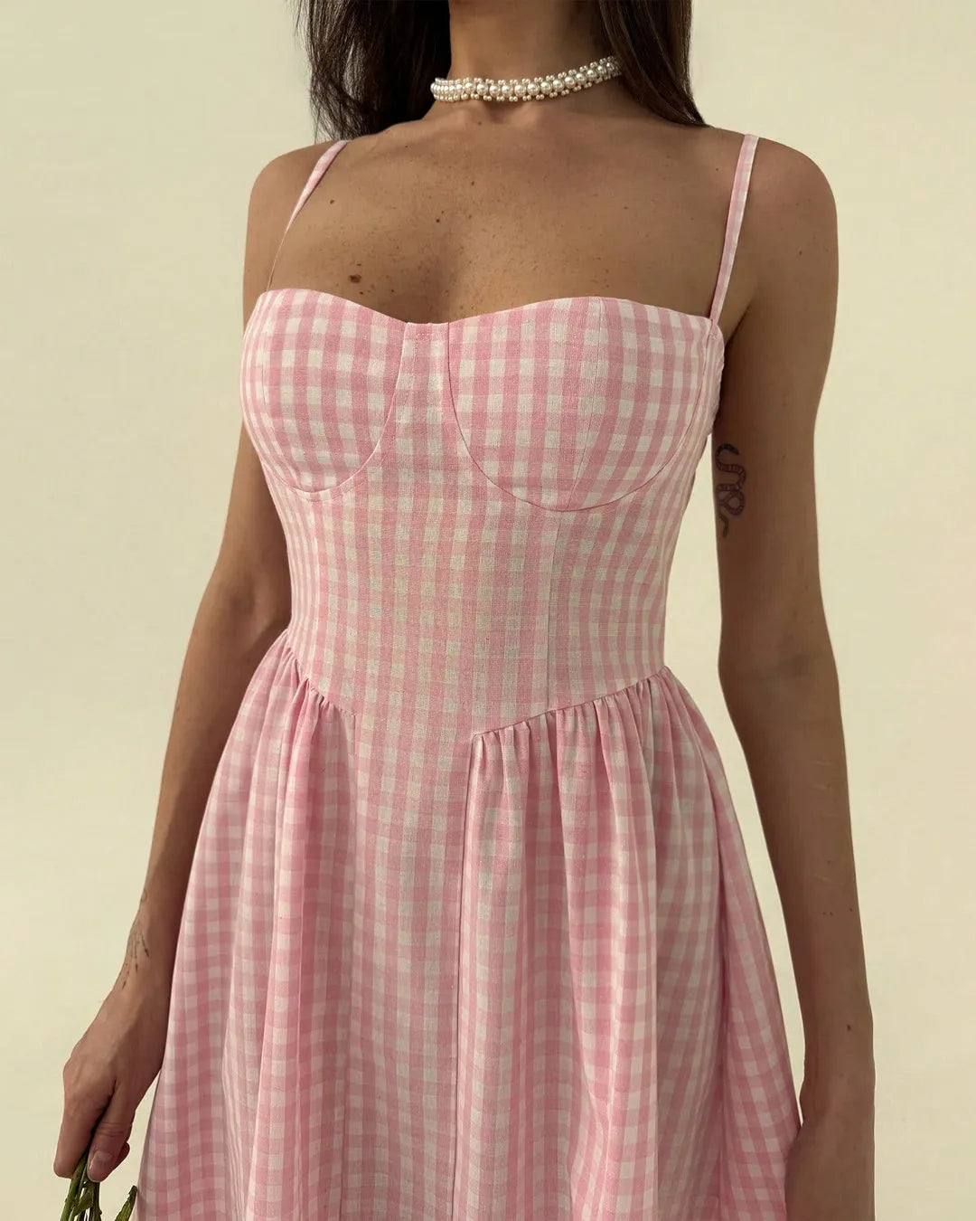 Sweetheart Neck Gingham Midi Dress