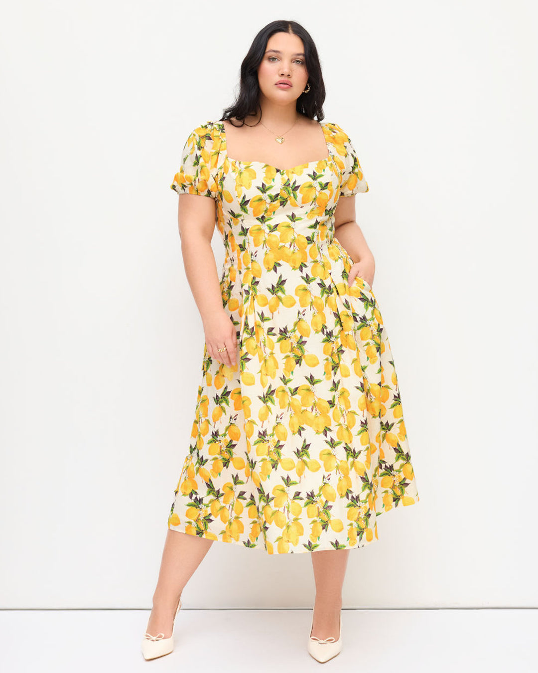 Sweetheart Neck Lemon Shirred Pleated Puff Sleeve Midi Dress Curve & Plus