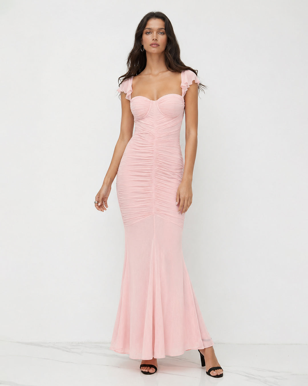 Sweetheart Neck Ruffle Cap Sleeve Maxi Dress in Baby Pink
