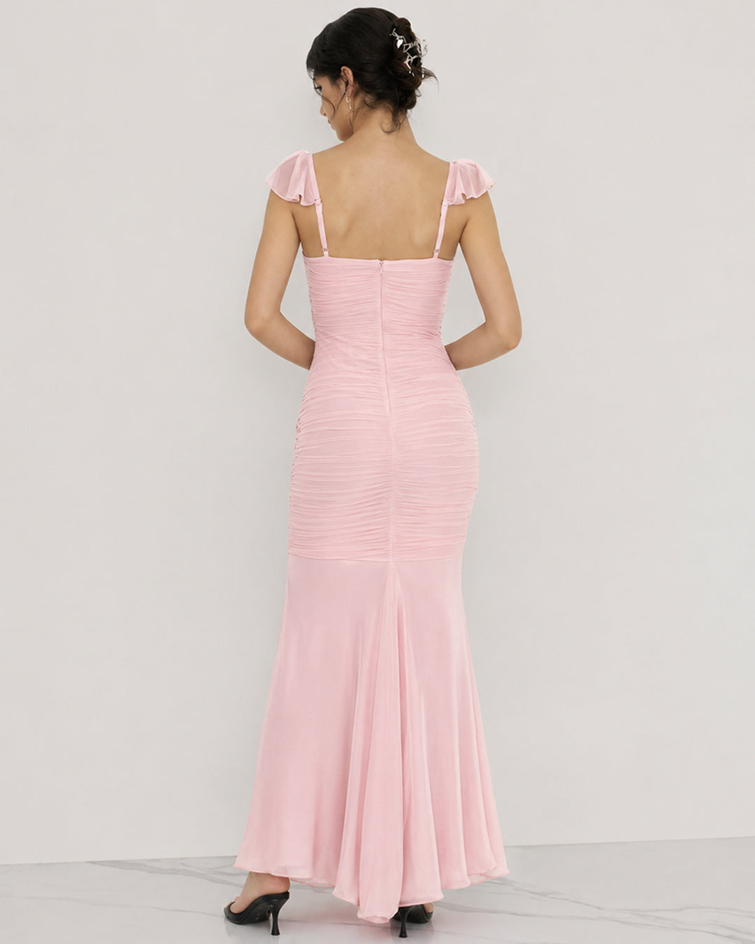 Sweetheart Neck Ruffle Cap Sleeve Maxi Dress in Baby Pink