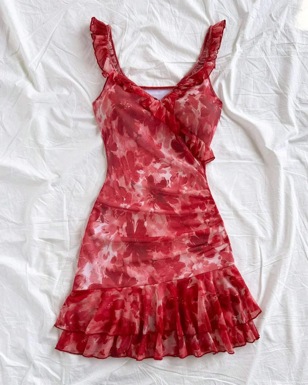 Sweetheart Neck Ruffle Strap Ruched Mini Dress
