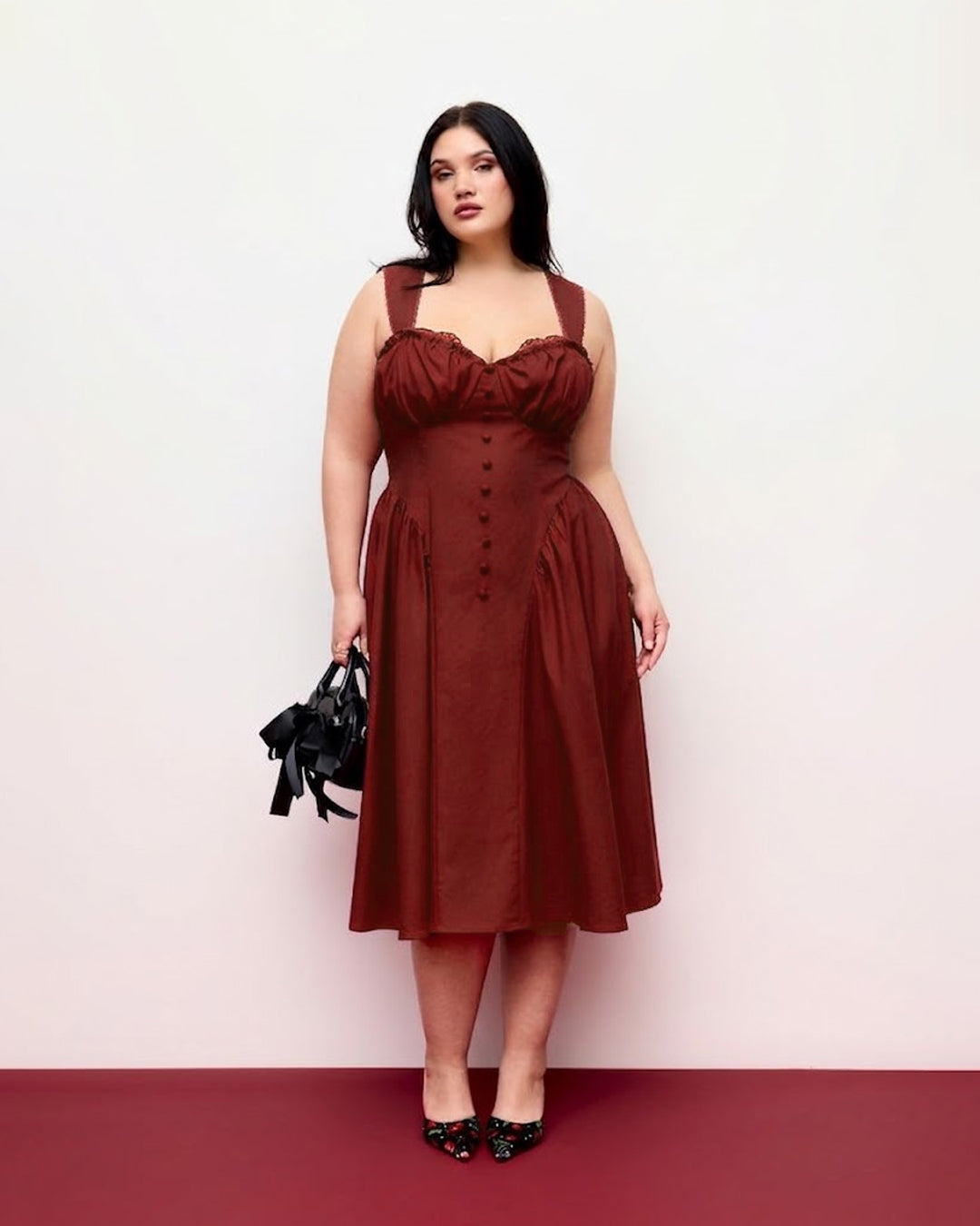 Sweetheart Neck Ruffled Lace Up Flared Maxi Dress Curve & Plus in Merlot Red