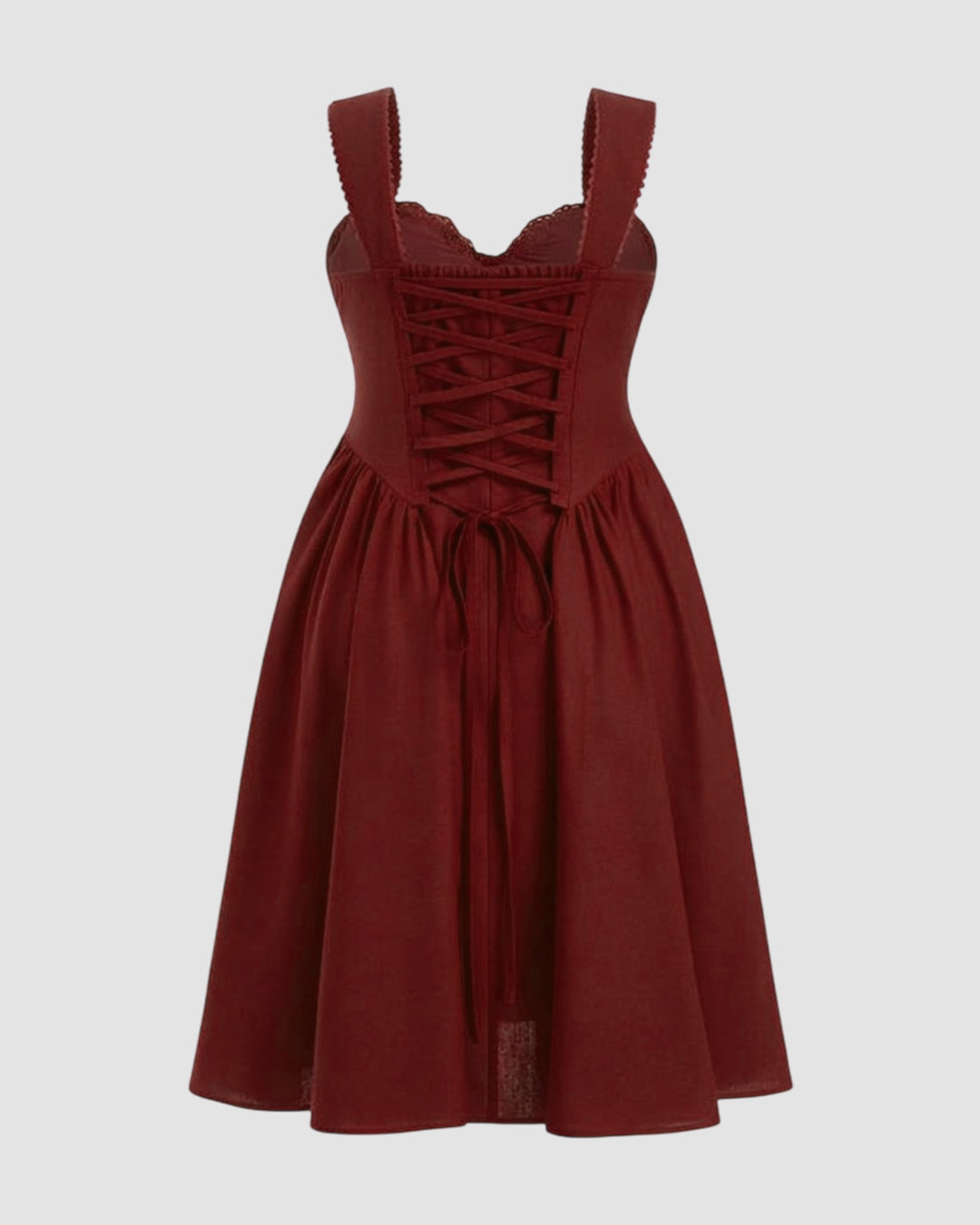 Sweetheart Neck Ruffled Lace Up Flared Maxi Dress Curve & Plus in Merlot Red
