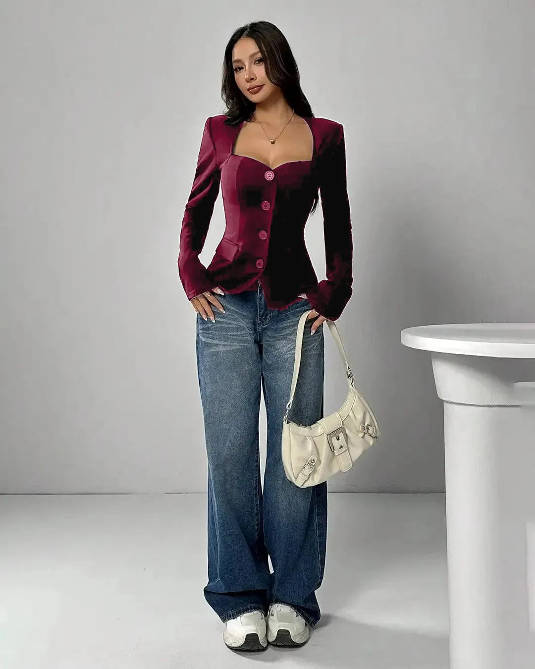 Sweetheart Neck Structured Buttoned Waistcoat In Dark Maroon